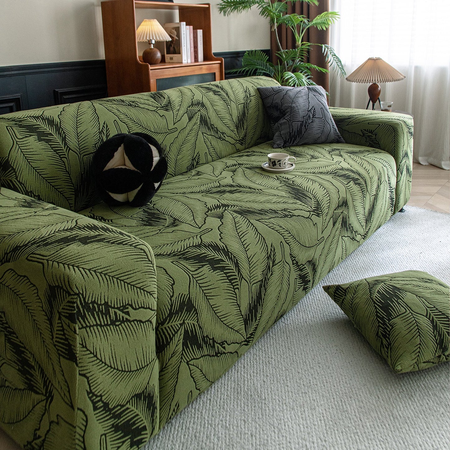 Dual Tone Knitting Jacquard Sofa Cover 1/2/3 Seater Fully Covered - Olive Green