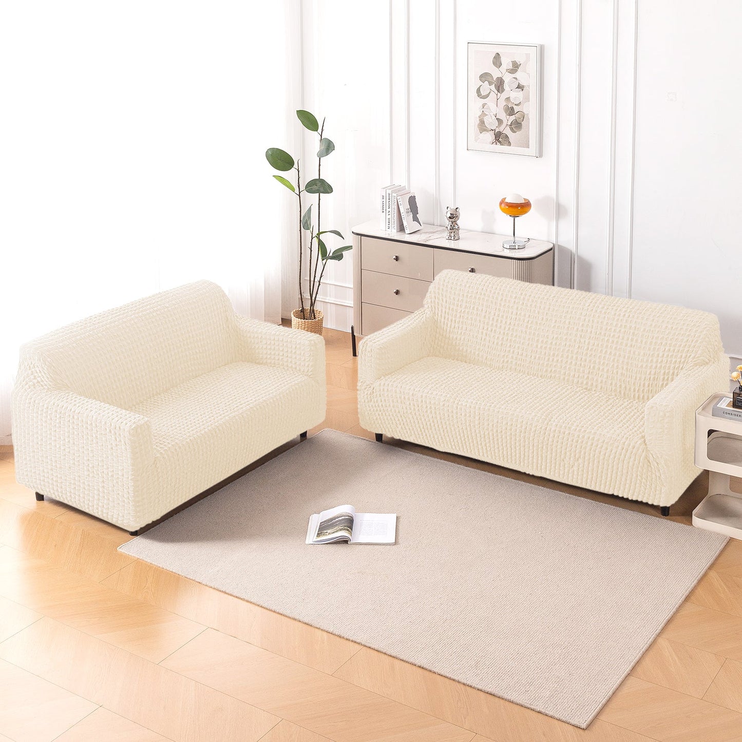 Aria Nova Elastic 280 GSM Stretchable Bubble Sofa Cover, Light Cream
