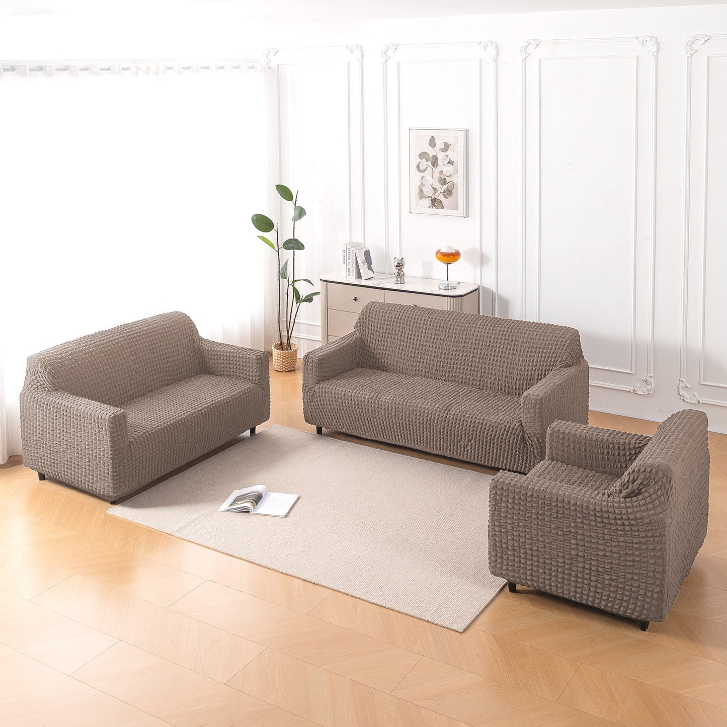 Aria Nova Elastic 280 GSM Stretchable Bubble Sofa Cover , Mocha Brown