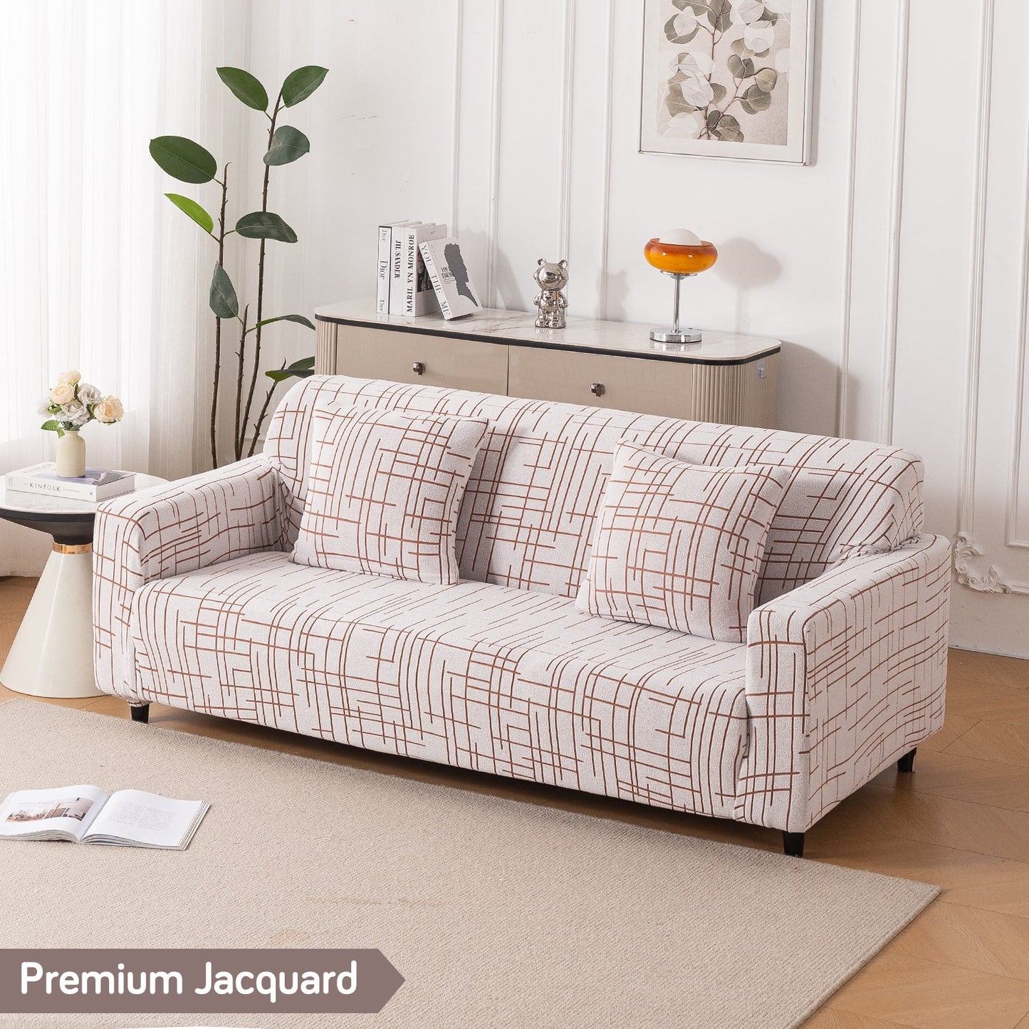 'Crossline Series' Jacquard Sofa Cover 1/2/3/4-seater Fully Covered, Rust Brown