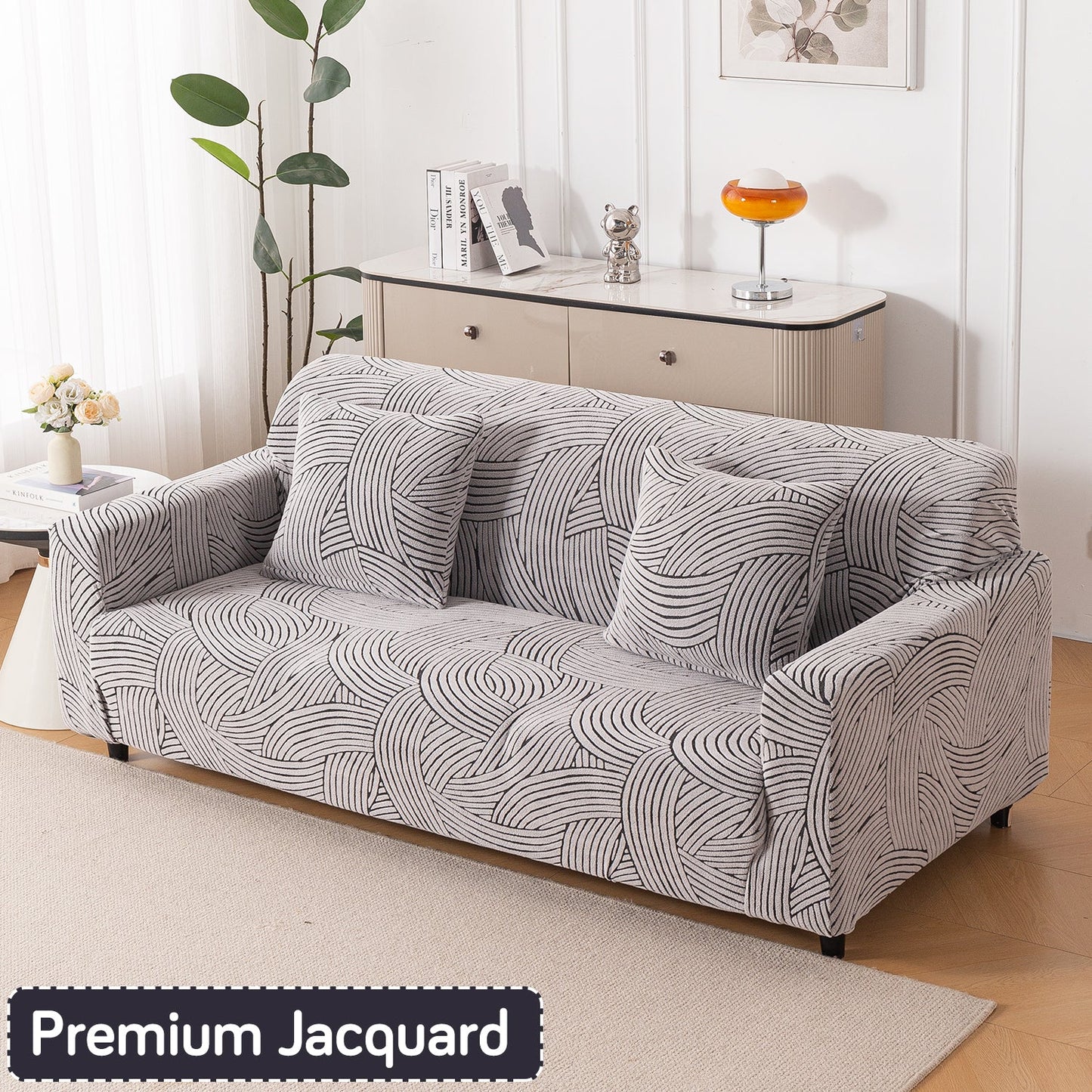'WaveLine Series' Jacquard Sofa Cover 1/2/3/4-seater Fully Covered, Ash Grey