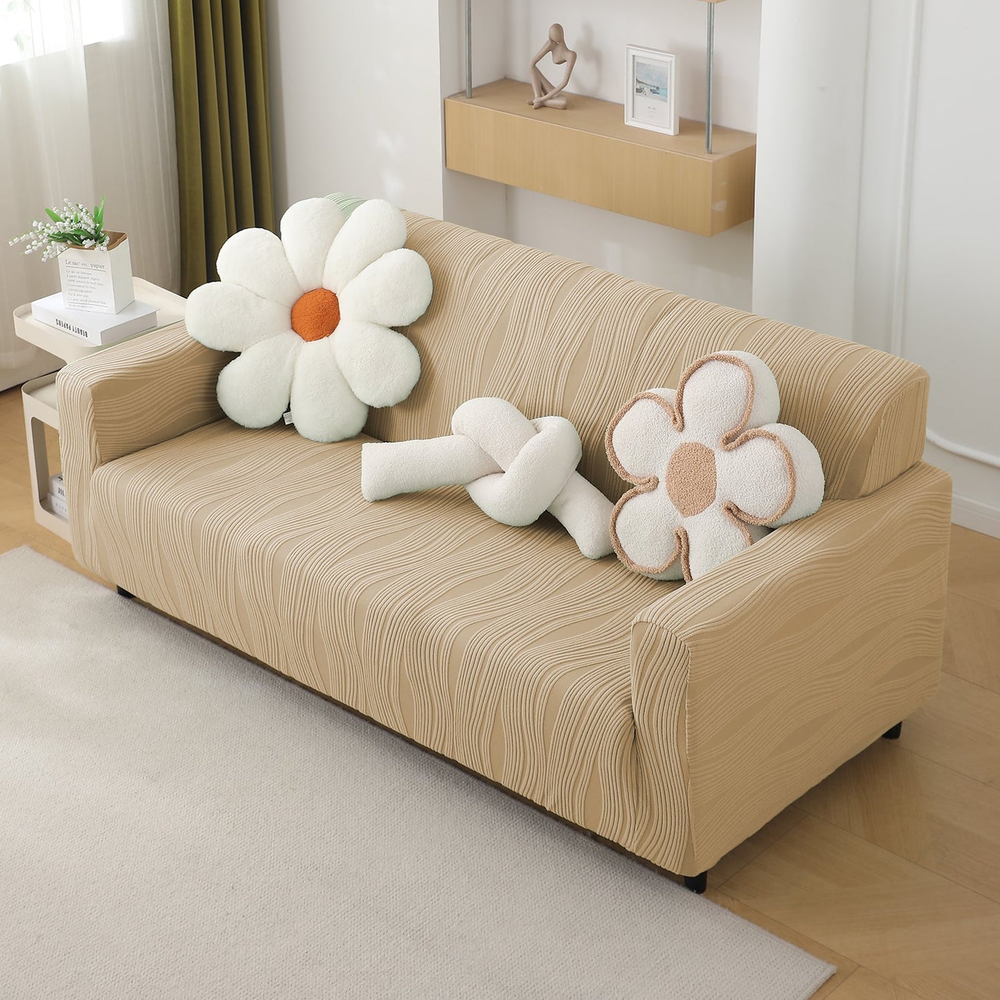 200gsm Knitting Jacquard Sofa Cover 1/2/3/4 Seater Fully Covered, Blush Beige