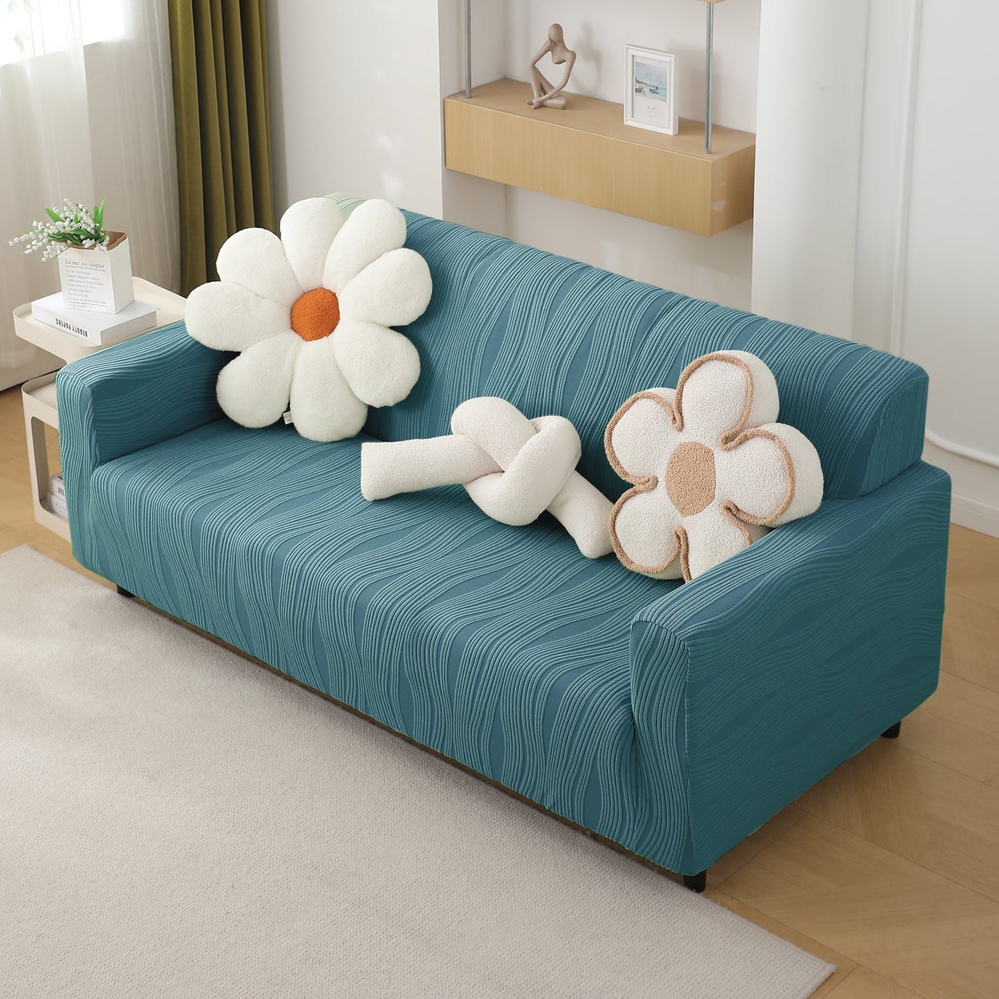 200gsm Knitting Jacquard Sofa Cover 1/2/3/4 Seater Fully Covered, Sea Blue