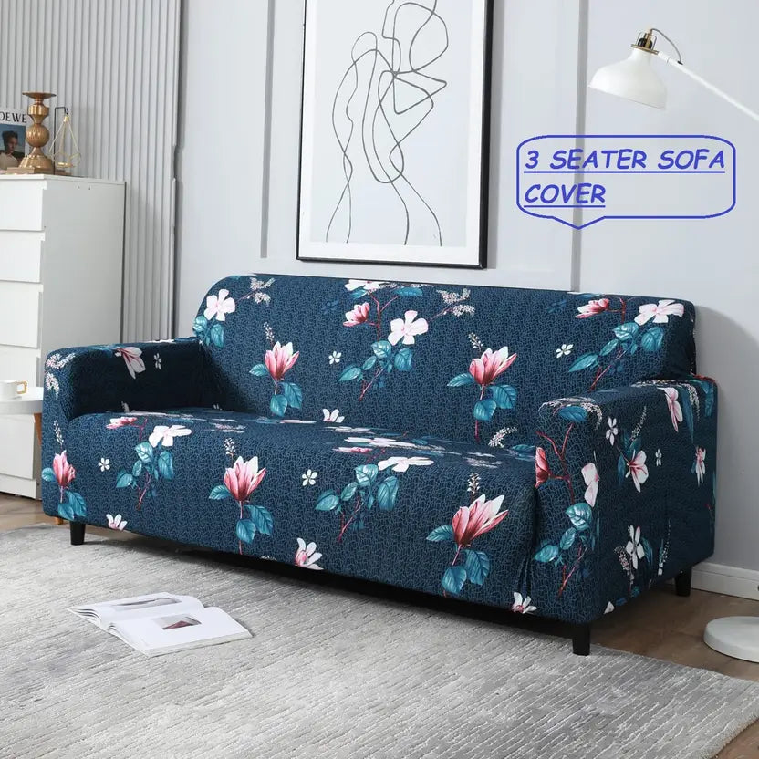 L Shape Sofa Cover- Floral Blue - Luxury Quality Strechable & Dust-proof Sofa Cover