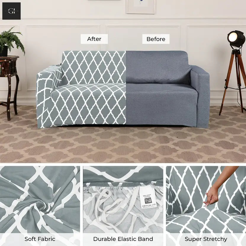 L Shape Sofa Cover-Grey Diamond - Luxury Quality Strechable & Dust-proof Sofa Cover