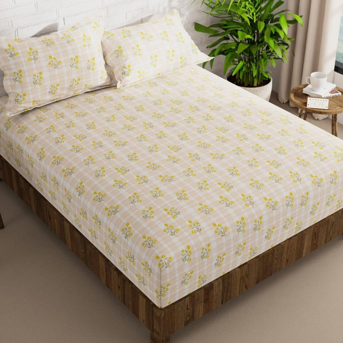Golden Bloom 210 TC Cotton Blend Flat King Bedsheet