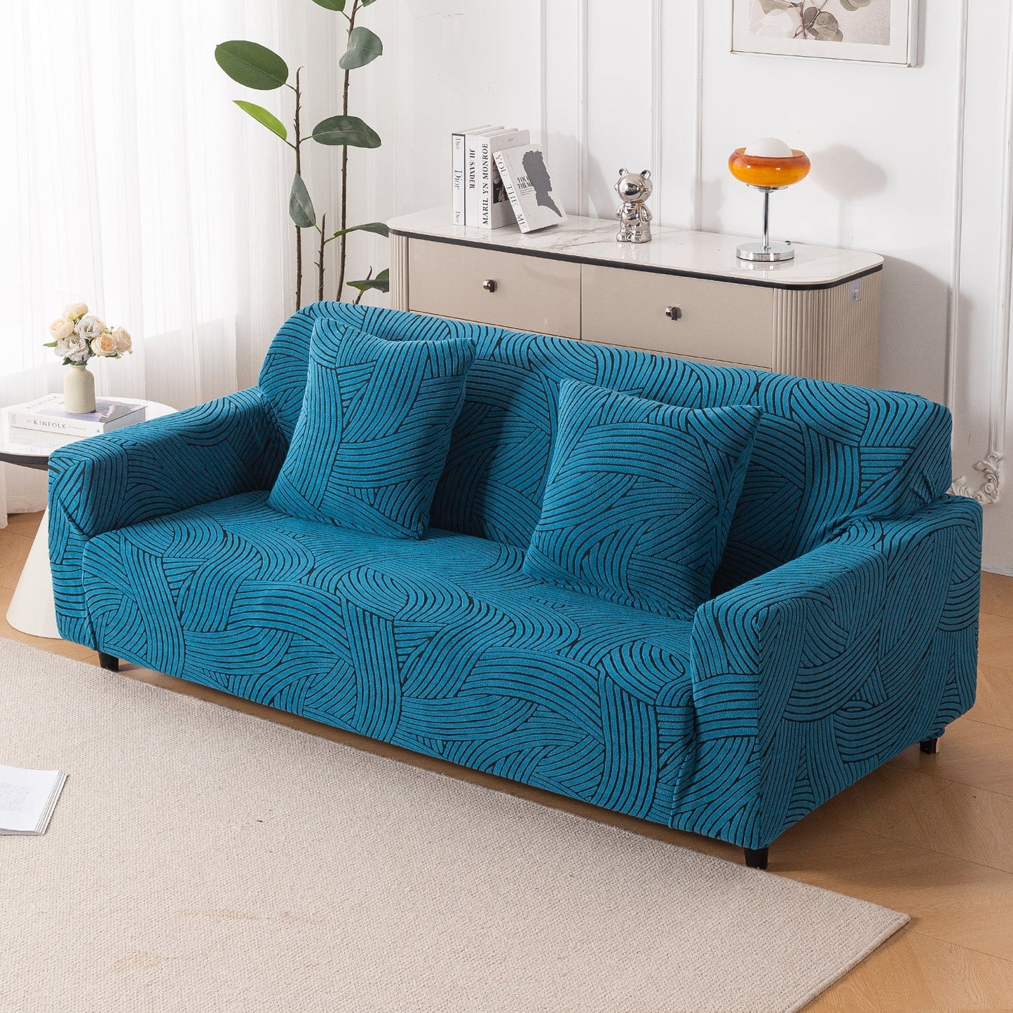 'WaveLine Series' Jacquard Sofa Cover 1/2/3/4-seater Fully Covered, Teal Green