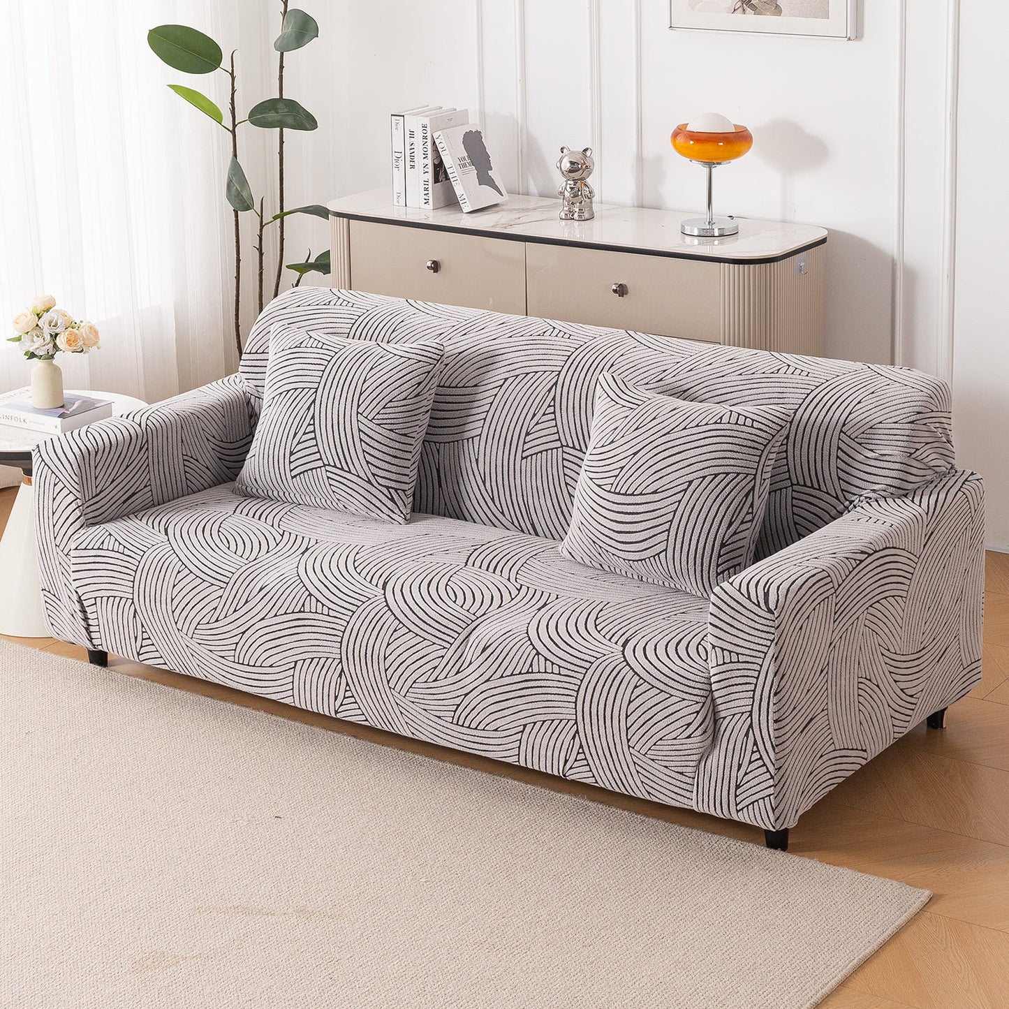 'WaveLine Series' Jacquard Sofa Cover 1/2/3/4-seater Fully Covered, Classic White