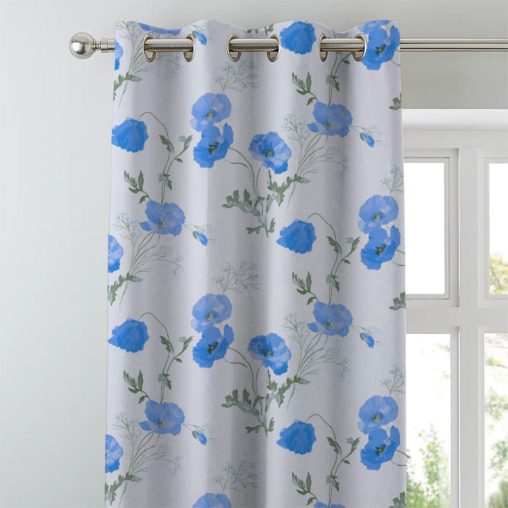 Poppy Meadow Floral Blue Heavy Satin Room Darkening Curtains Set Of 2 - (DS133E)