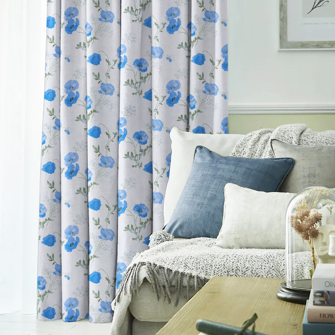 Poppy Meadow Floral Blue Heavy Satin Room Darkening Curtains Set Of 2 - (DS133E)