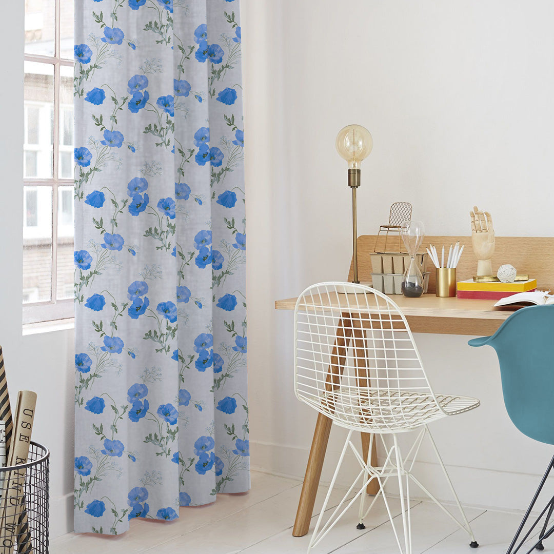 Poppy Meadow Floral Blue Heavy Satin Room Darkening Curtains Set Of 2 - (DS133E)
