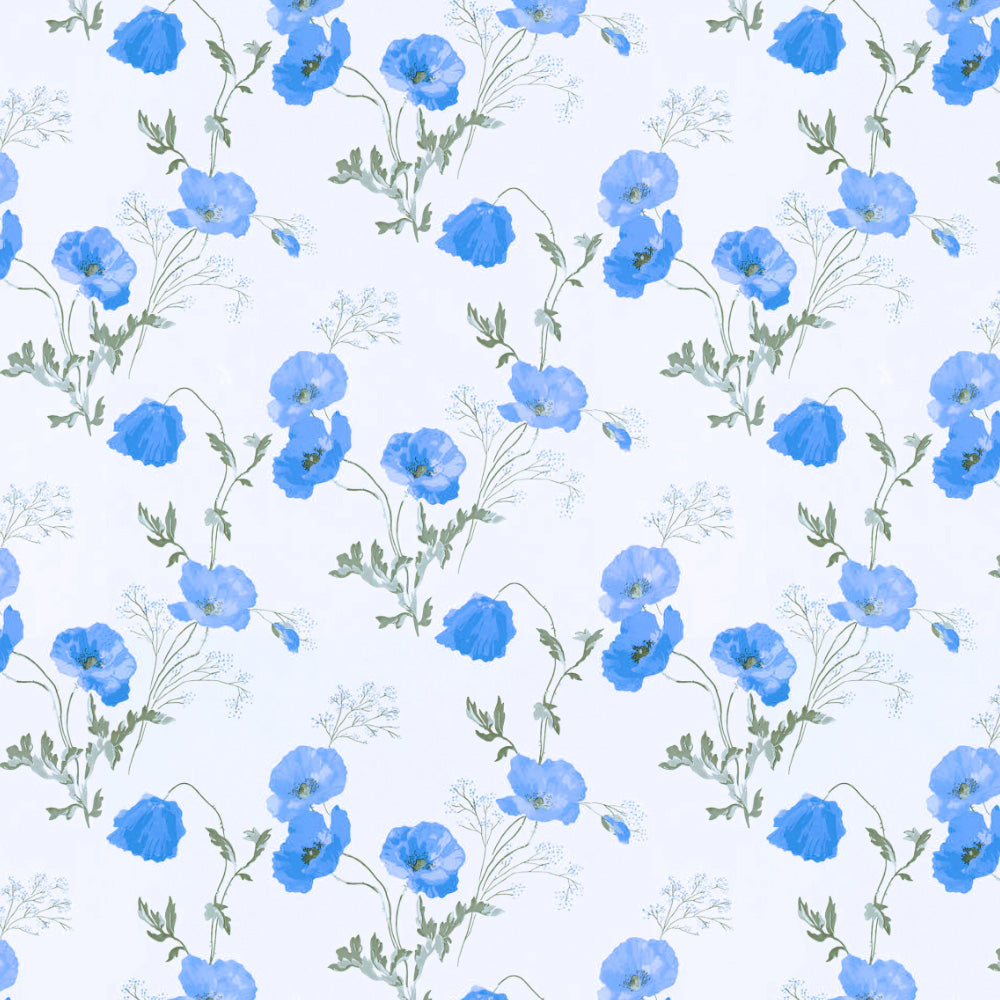 Poppy Meadow Floral Blue Heavy Satin Room Darkening Curtains Set Of 2 - (DS133E)