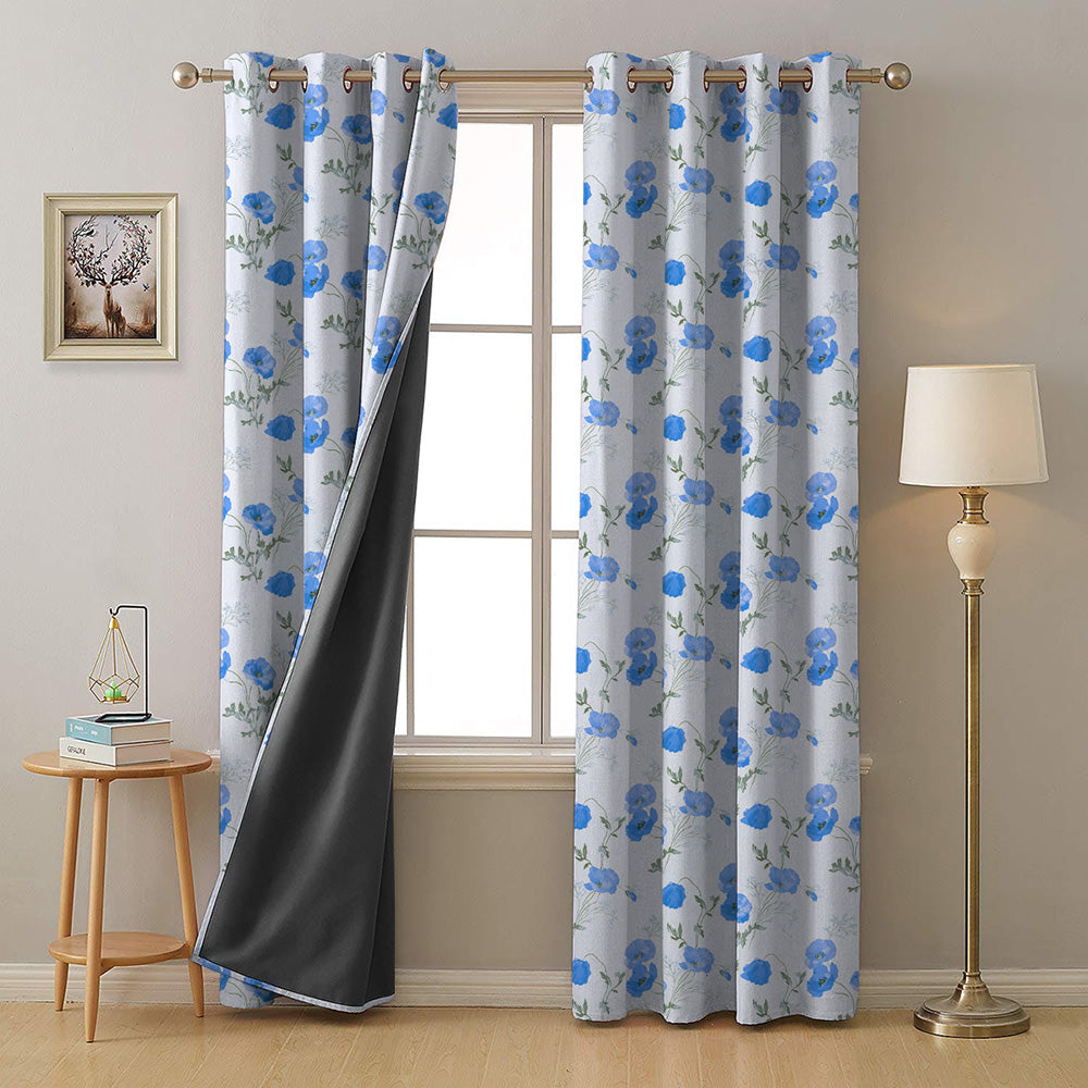 Poppy Meadow Floral Blue Heavy Satin Room Darkening Curtains Set Of 2 - (DS133E)