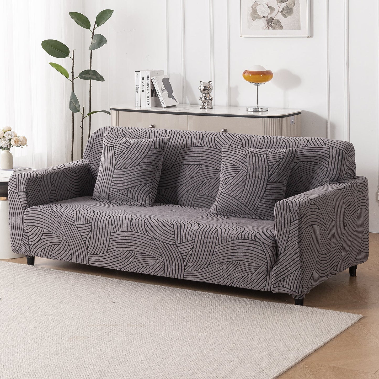'WaveLine Series' Jacquard Sofa Cover 1/2/3/4-seater Fully Covered, Charcoal Grey