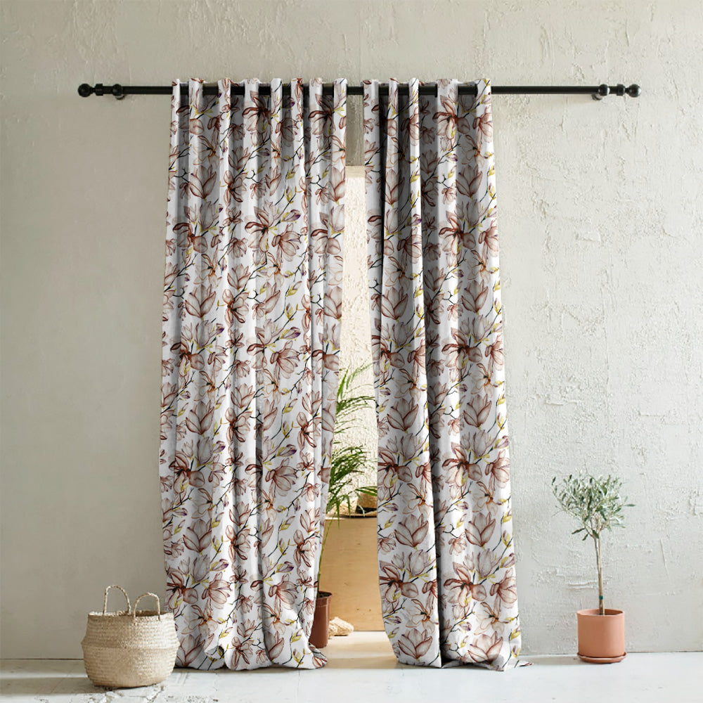 Bold Blossoms Floral Brown Heavy Satin Room Darkening Curtains Set Of 2 - (DS147F)