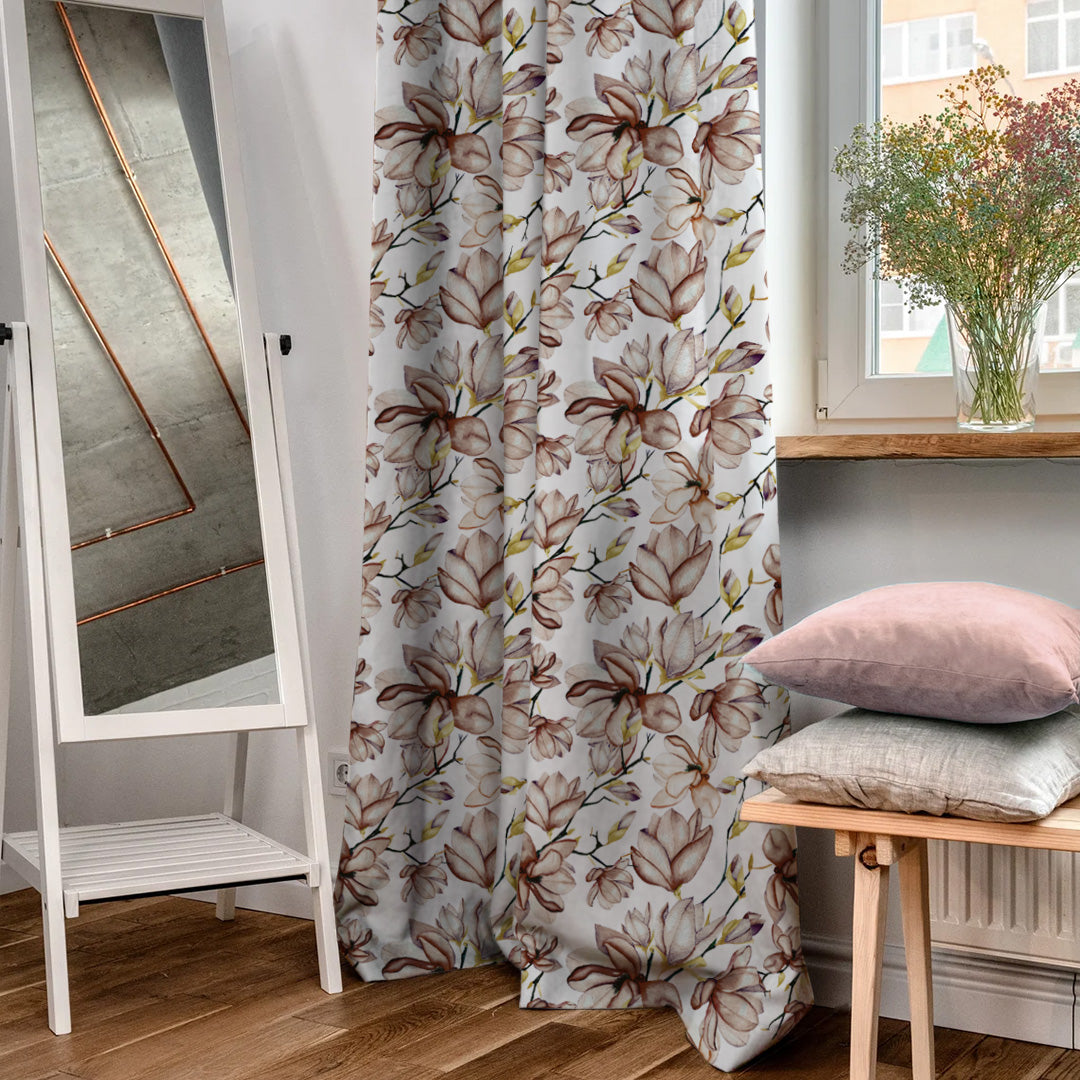 Bold Blossoms Floral Brown Heavy Satin Room Darkening Curtains Set Of 2 - (DS147F)