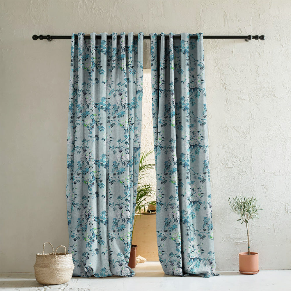 Subdued Blossoms Floral Teal Heavy Satin Room Darkening Curtains Set Of 2 - (DS154F)