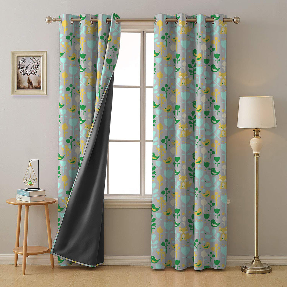 Fox and Feather Fiesta Kids Green Heavy Satin Room Darkening Curtains Set Of 2 - (DS169B)