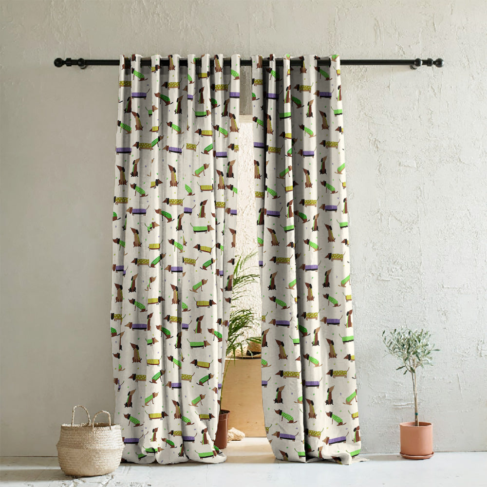 Playful Pups Kids Tan Beige Heavy Satin Room Darkening Curtains Set Of 2 - (DS183D)