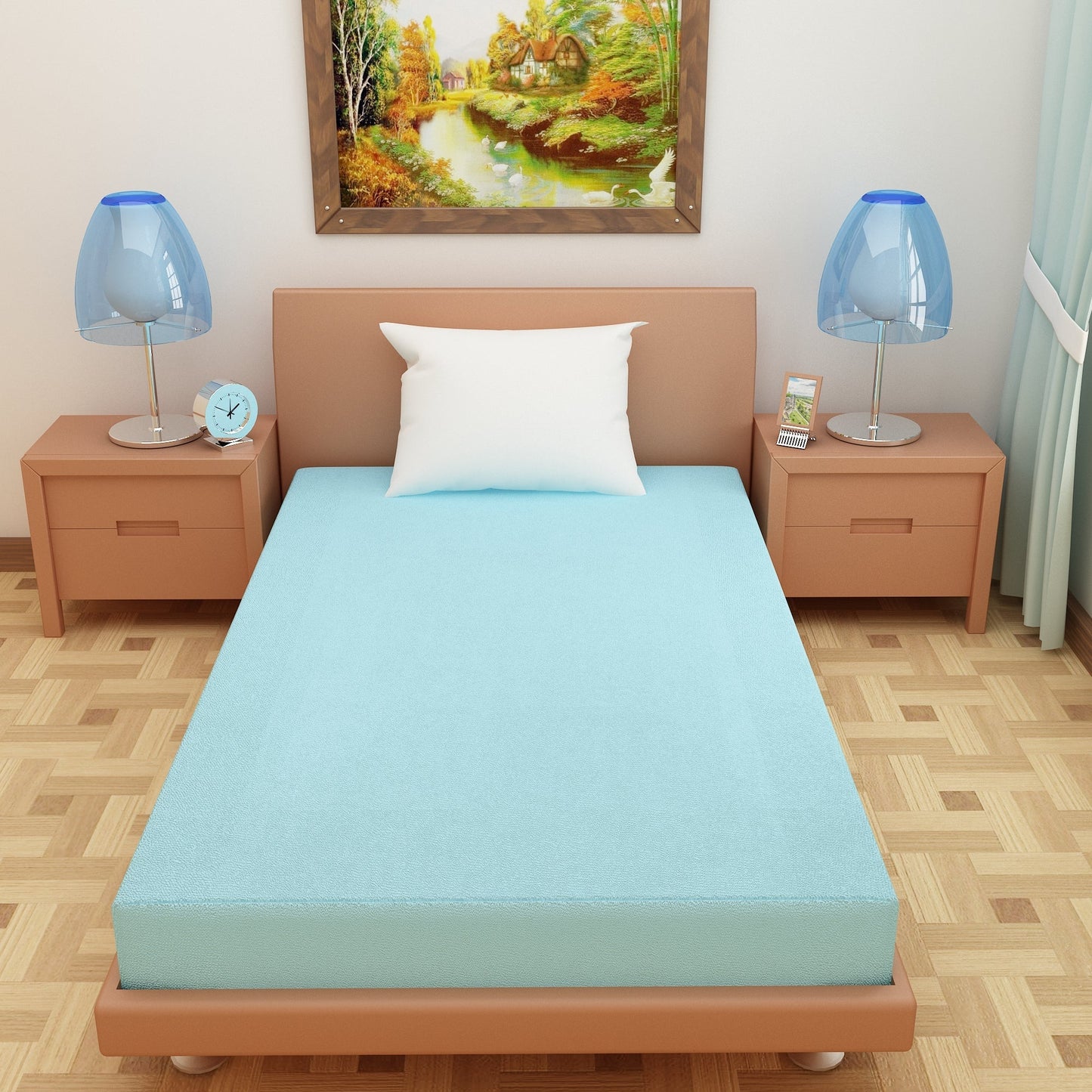 Waterproof Mattress Protector with 360 Degree Elastic Strap, Luxury Terry (Sky Blue, Available in 16 Sizes)