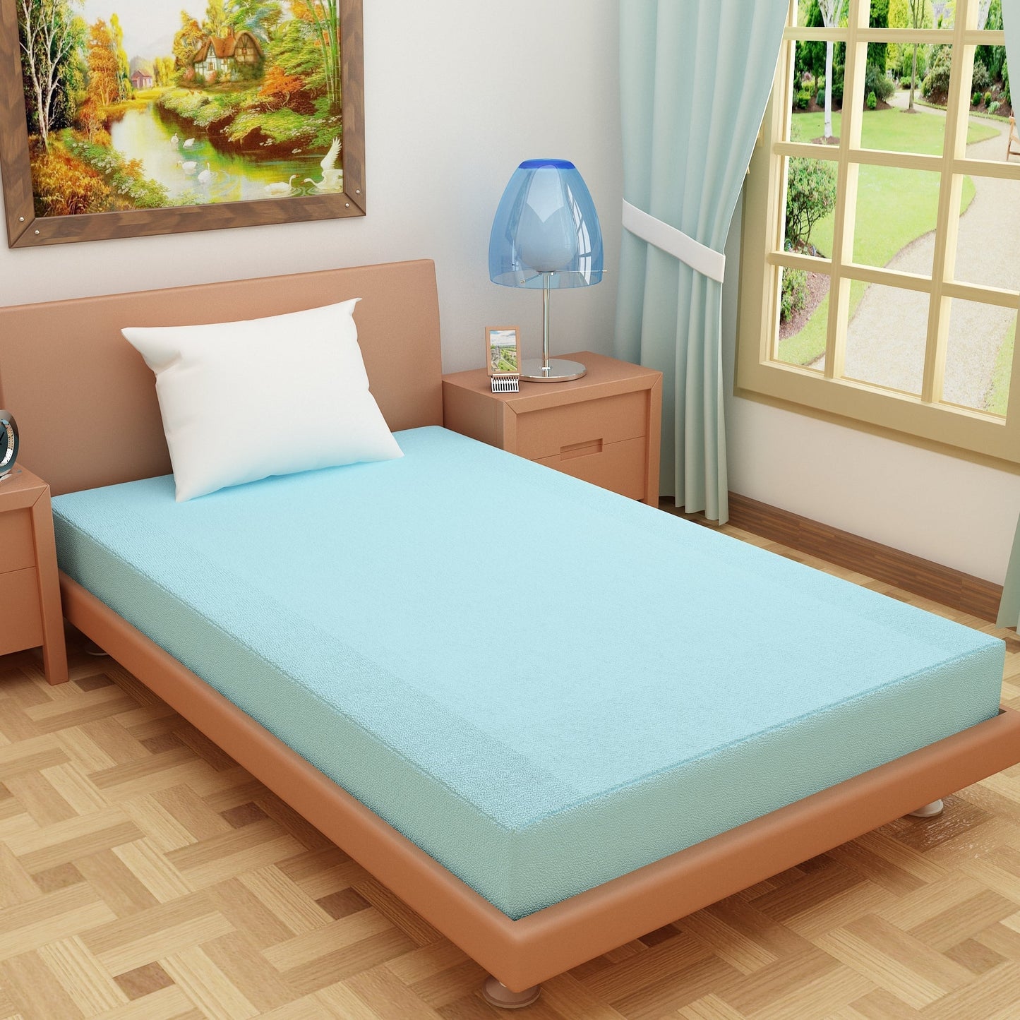 Waterproof Mattress Protector with 360 Degree Elastic Strap, Luxury Terry (Sky Blue, Available in 16 Sizes)