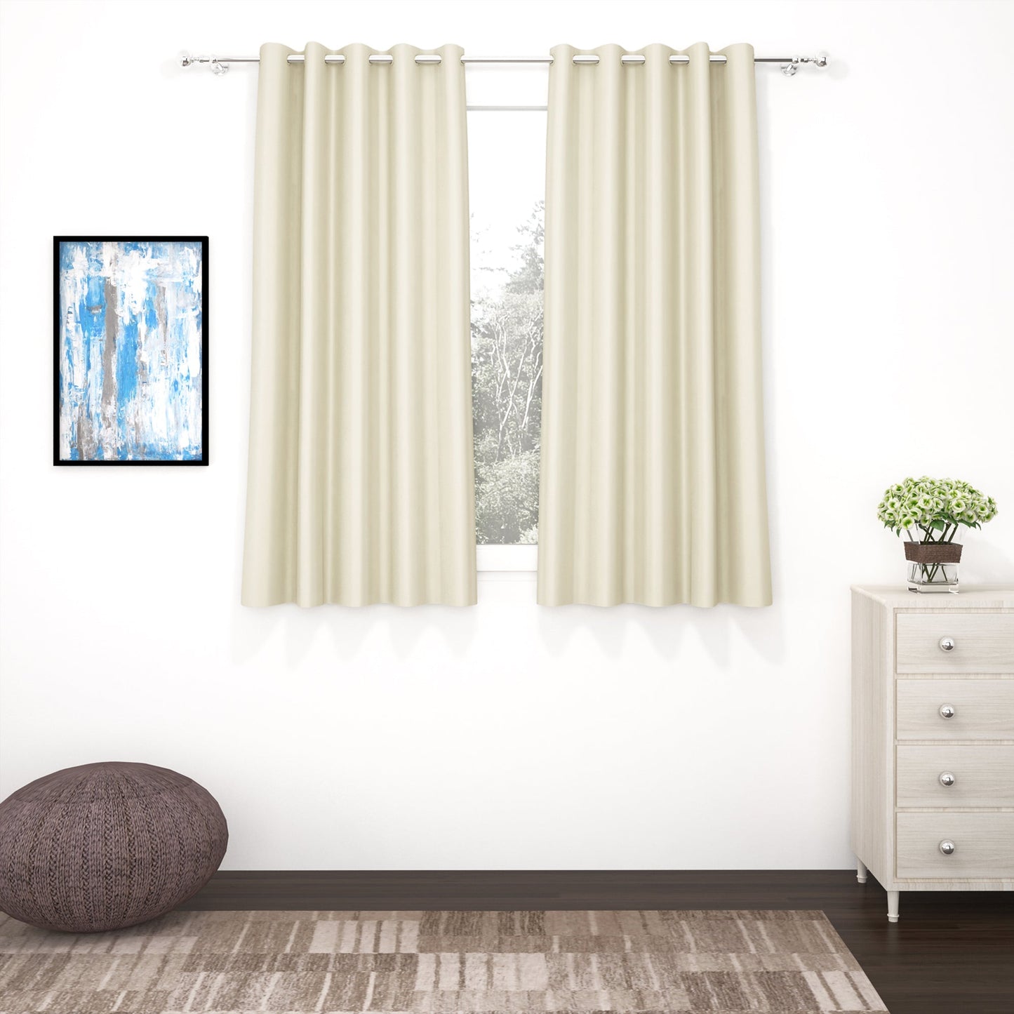 2 Pcs Beige Blackout Faux Silk Room Darkening Window/Door/Semi Long Door/Long Door Curtains