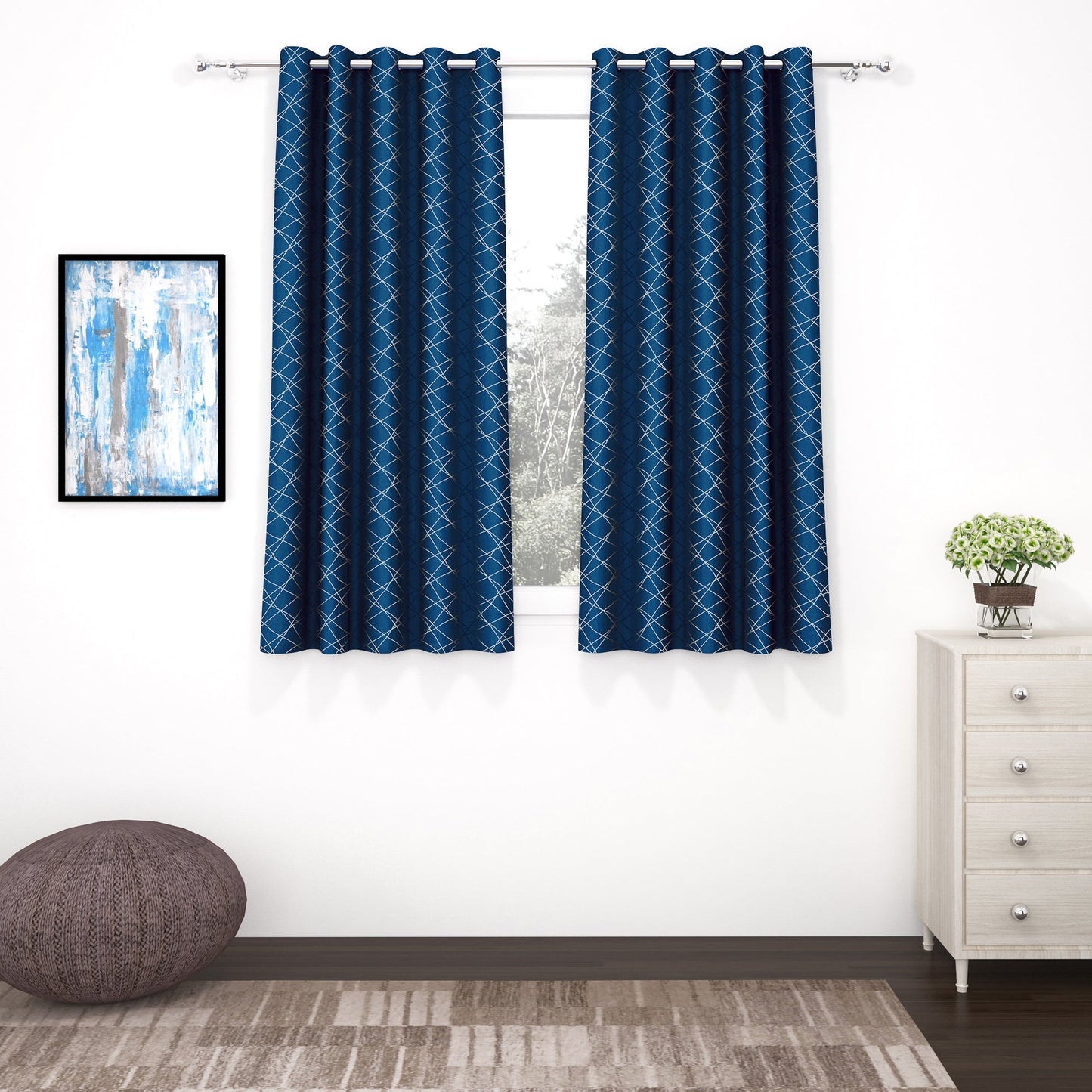2 Pcs Blackout Foil Blue & Silver Criss Cross Window/Door/Long Door Curtains