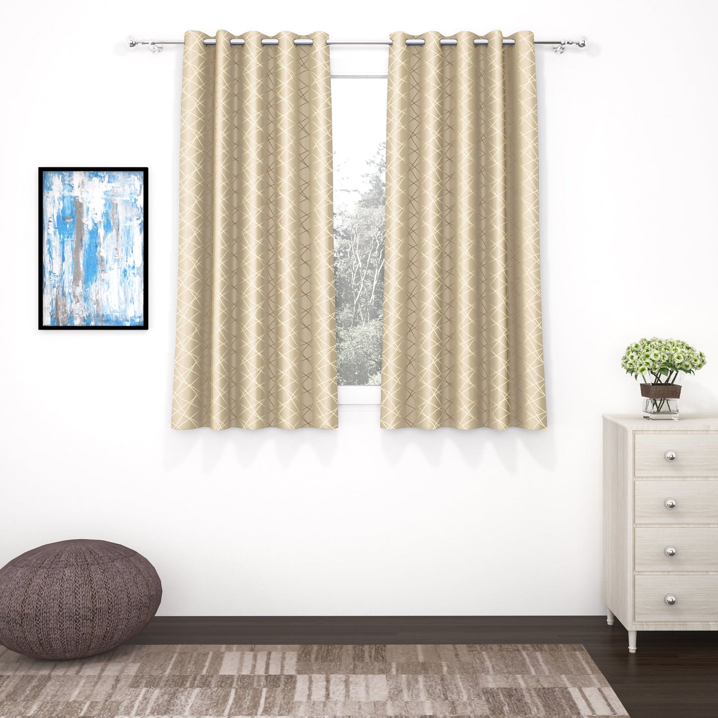 2 Pcs Blackout Foil Beige & Golden Criss Cross Window/Door/Long Door Curtains