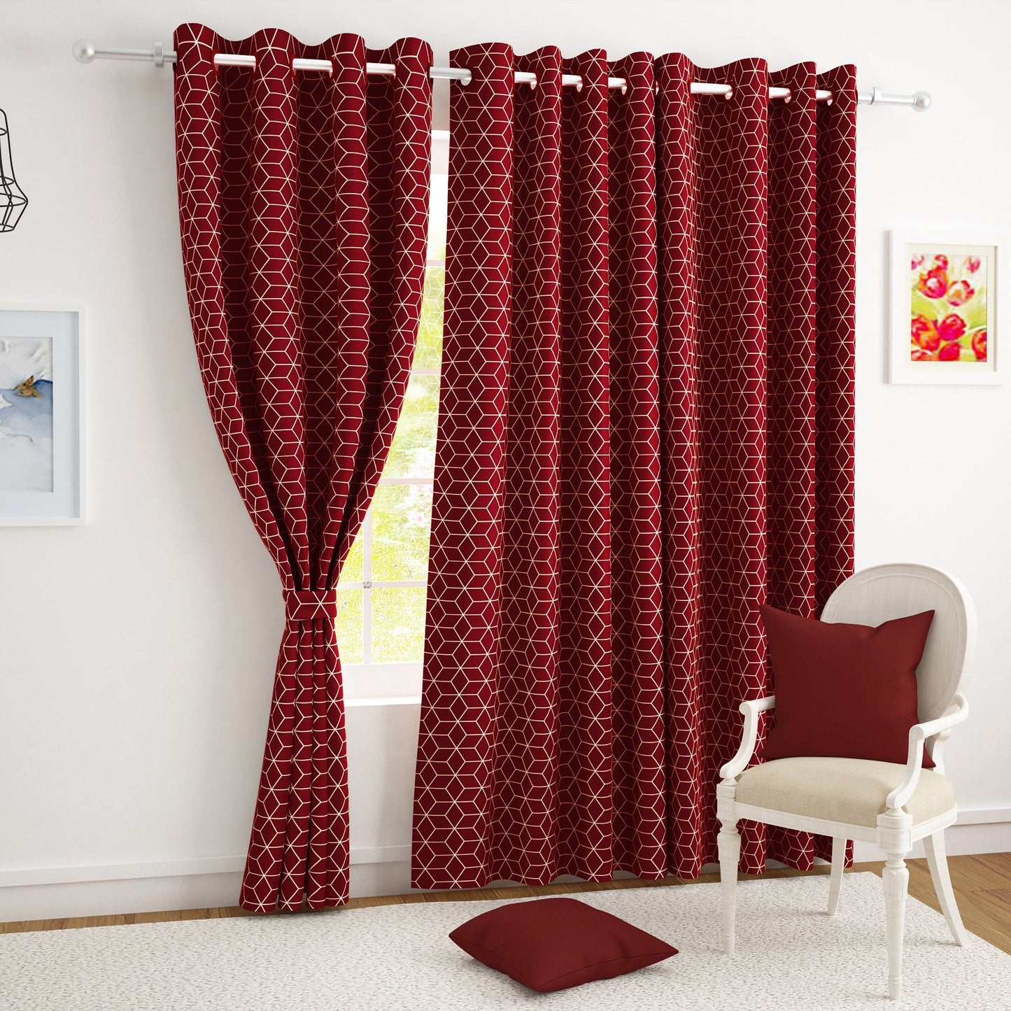 2 Pcs Blackout Foil Maroon & Golden Hexagon Window/Door/Long Door Curtains