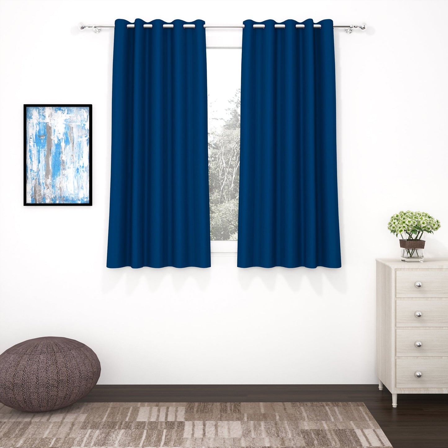 2 Pcs Blue Blackout Faux Silk Room Darkening Window/Door/Semi Long Door/Long Door Curtains