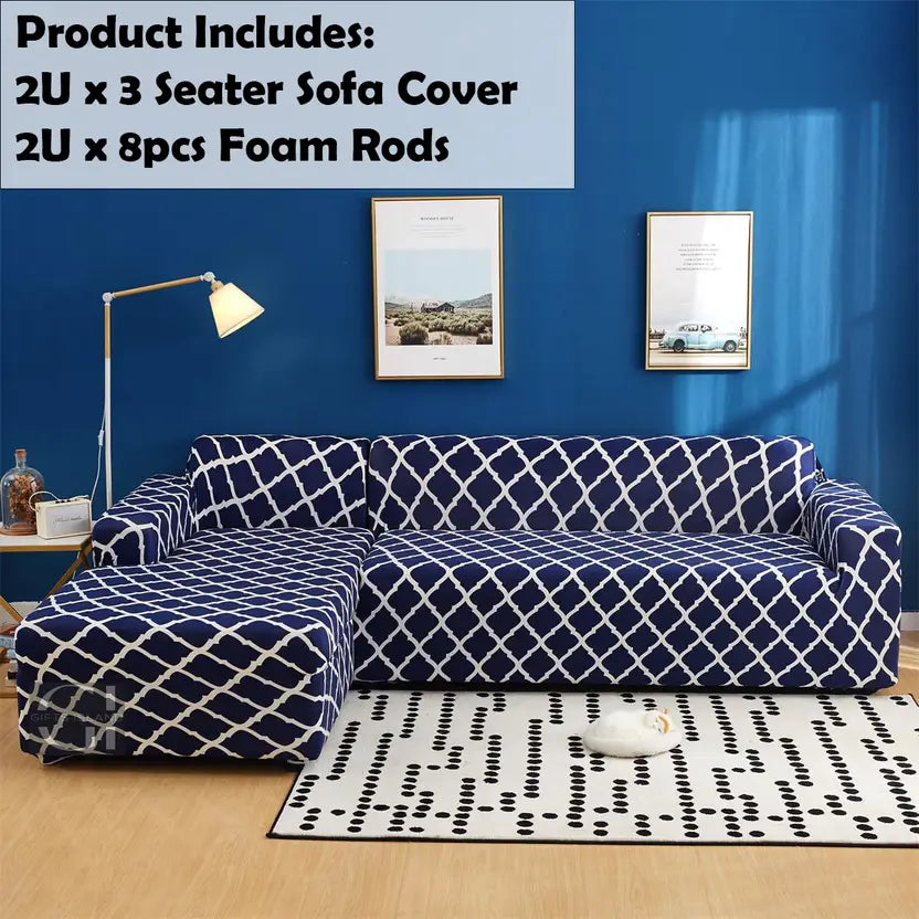 L Shape Sofa Cover-Blue Diamond - Luxury Quality Strechable & Dust-proof Sofa Cover