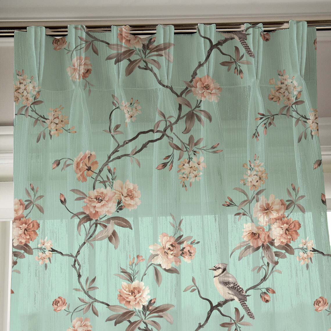Elegant Floral Print Sheer Semi Transparent Curtain - Set of 2 -DS207A