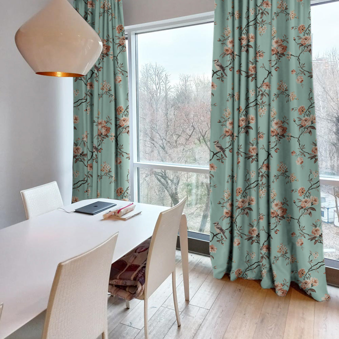 Blossoming Wings Floral Dusty Brown Heavy Satin Room Darkening Curtains Set Of 2 - (DS207A)