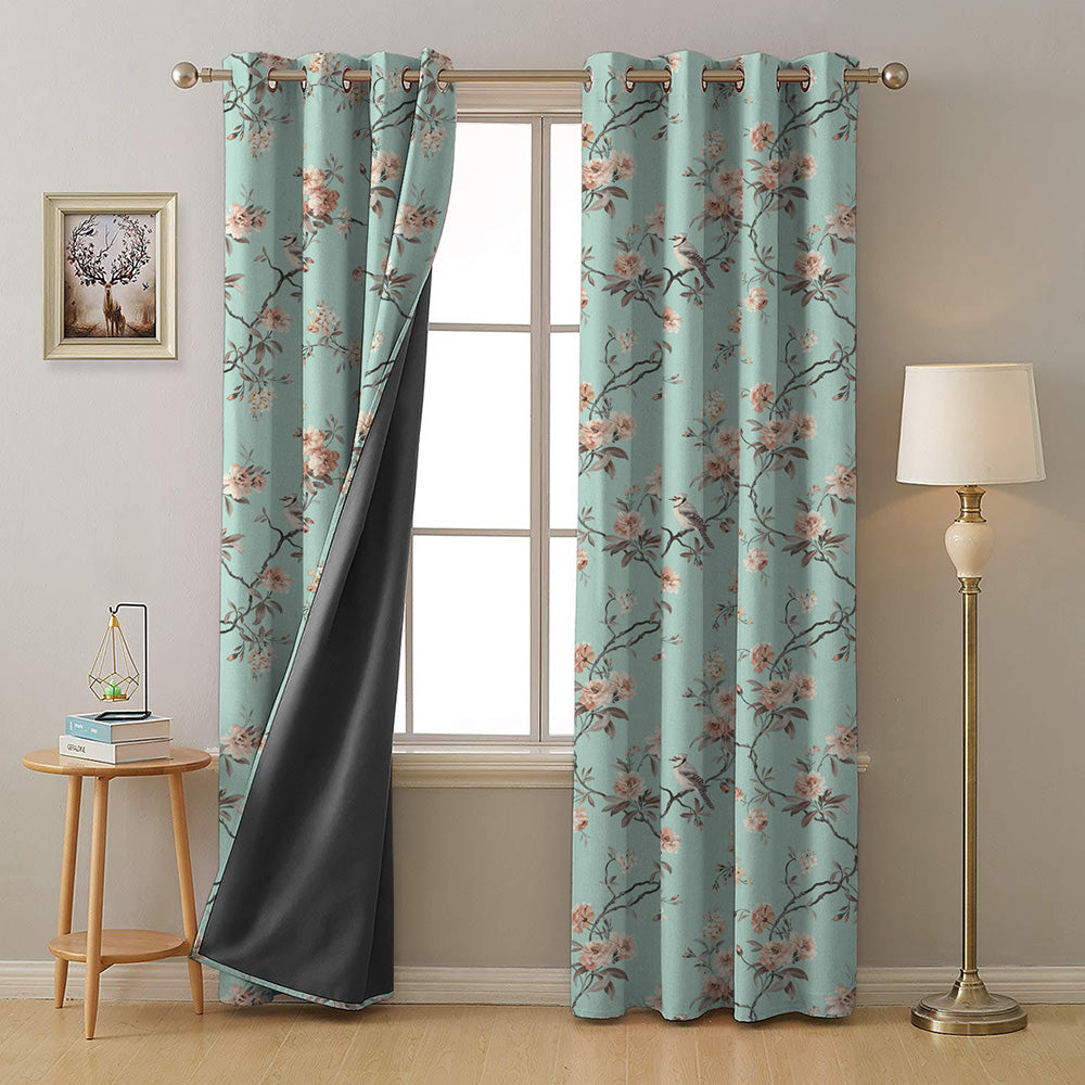 Blossoming Wings Floral Dusty Brown Heavy Satin Room Darkening Curtains Set Of 2 - (DS207A)