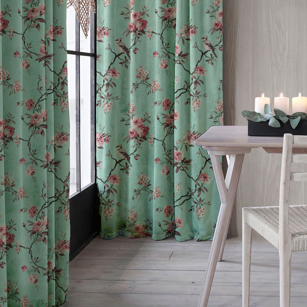 Elegant Floral Print Room Darkening Curtains Set of 2 DS207B