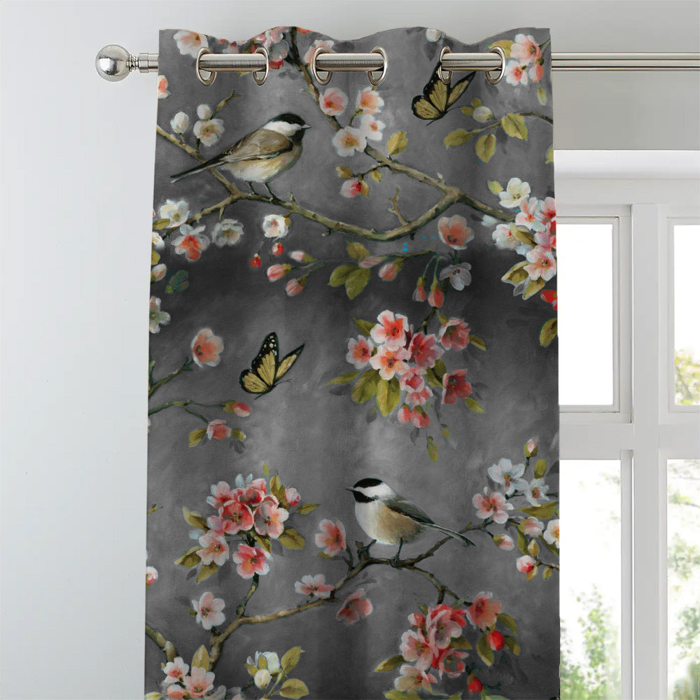 Blossoming Birds Floral Charcoal Grey Heavy Satin Room Darkening Curtains Set Of 2 - (DS225E)