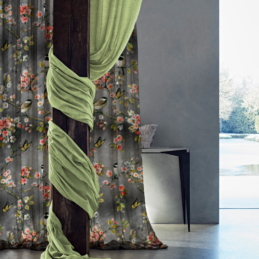 Blossoming Birds Floral Charcoal Grey Heavy Satin Room Darkening Curtains Set Of 2 - (DS225E)