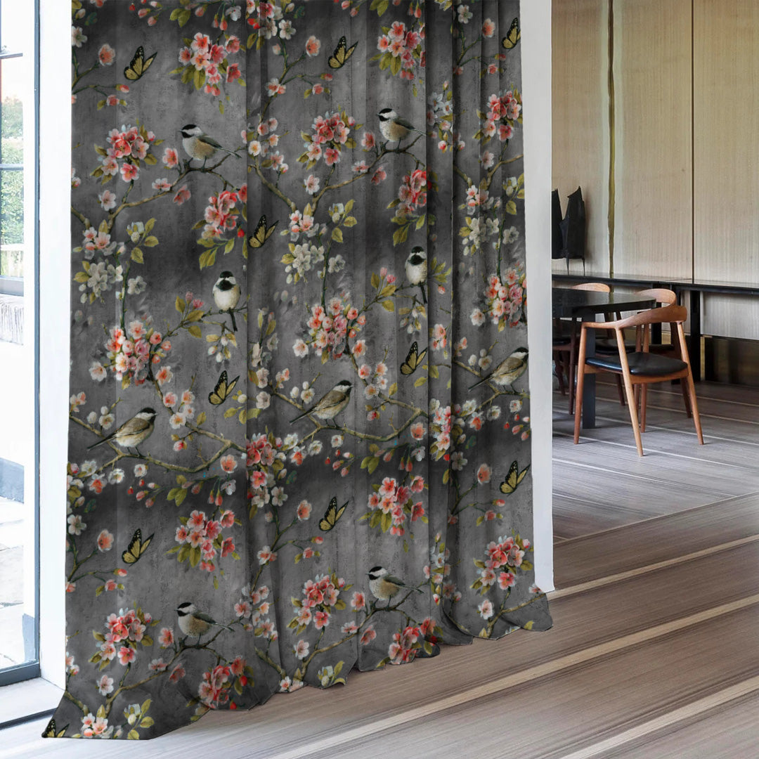 Blossoming Birds Floral Charcoal Grey Heavy Satin Room Darkening Curtains Set Of 2 - (DS225E)