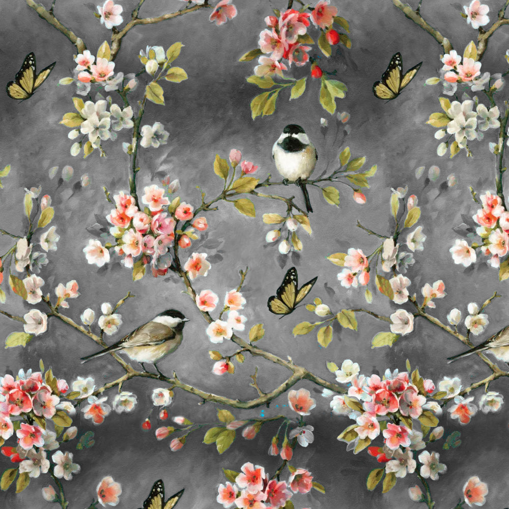 Blossoming Birds Floral Charcoal Grey Heavy Satin Room Darkening Curtains Set Of 2 - (DS225E)