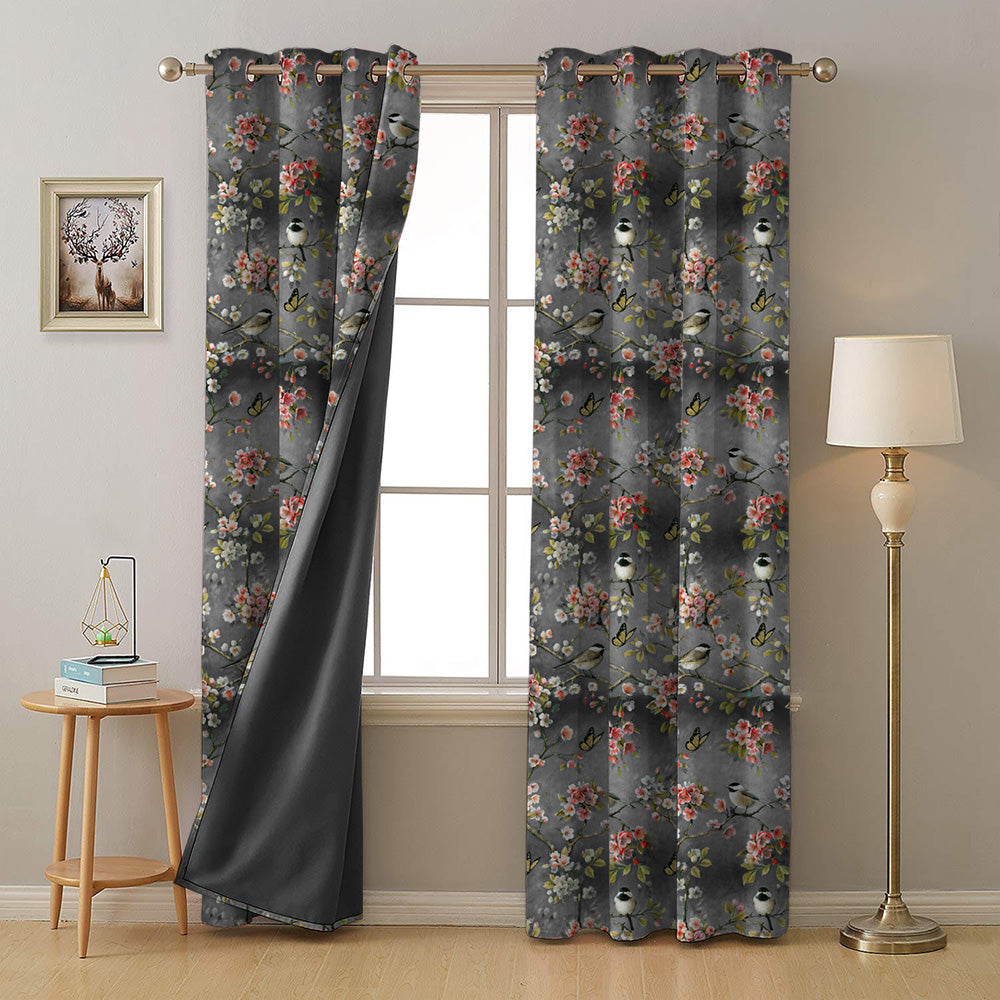 Blossoming Birds Floral Charcoal Grey Heavy Satin Room Darkening Curtains Set Of 2 - (DS225E)