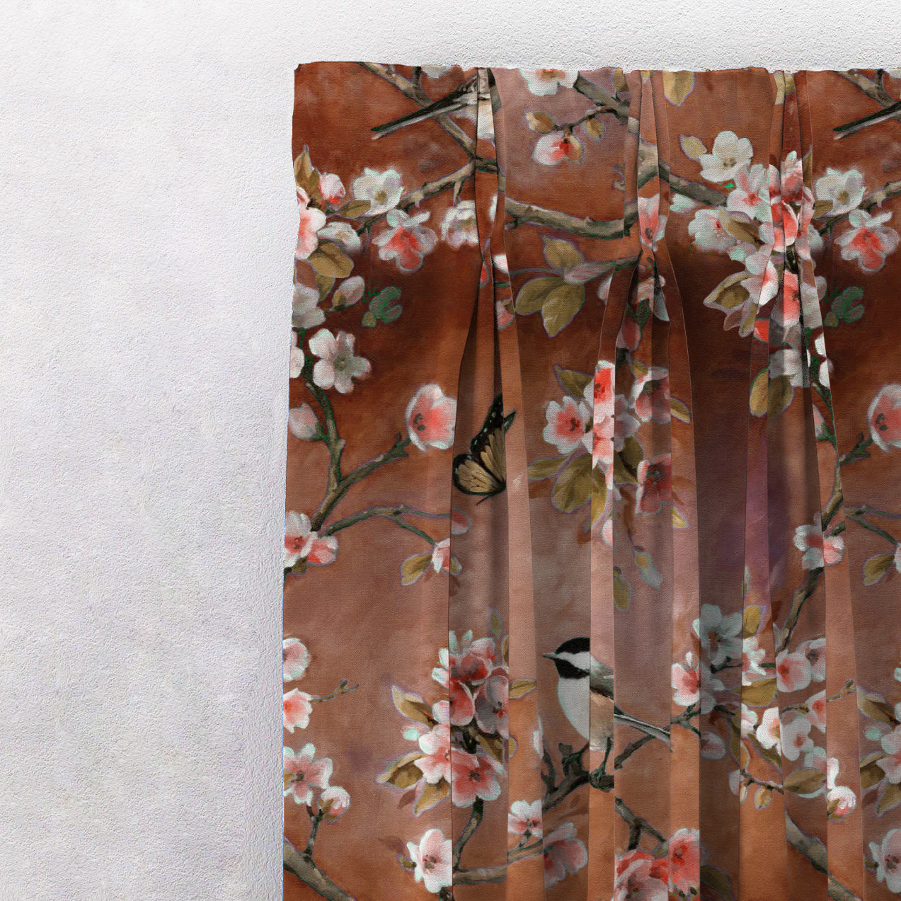 Blossoming Birds Floral Burnt Brown Heavy Satin Room Darkening Curtains Set Of 2 - (DS225F)