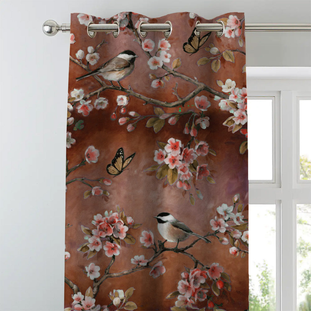 Blossoming Birds Floral Burnt Brown Heavy Satin Room Darkening Curtains Set Of 2 - (DS225F)