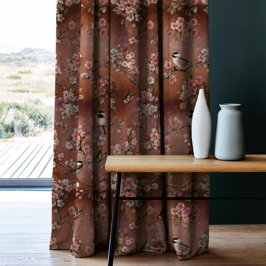Blossoming Birds Floral Burnt Brown Heavy Satin Room Darkening Curtains Set Of 2 - (DS225F)