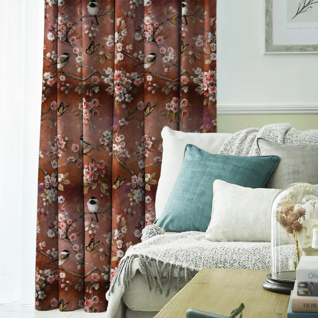 Blossoming Birds Floral Burnt Brown Heavy Satin Room Darkening Curtains Set Of 2 - (DS225F)