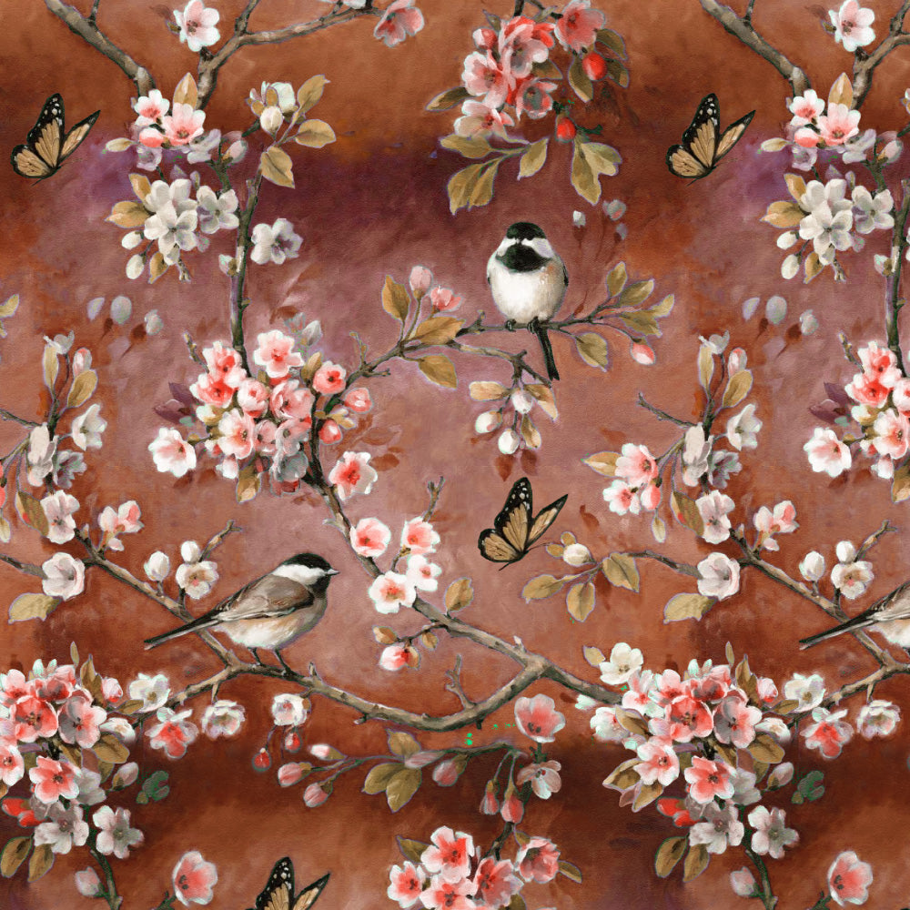 Blossoming Birds Floral Burnt Brown Heavy Satin Room Darkening Curtains Set Of 2 - (DS225F)