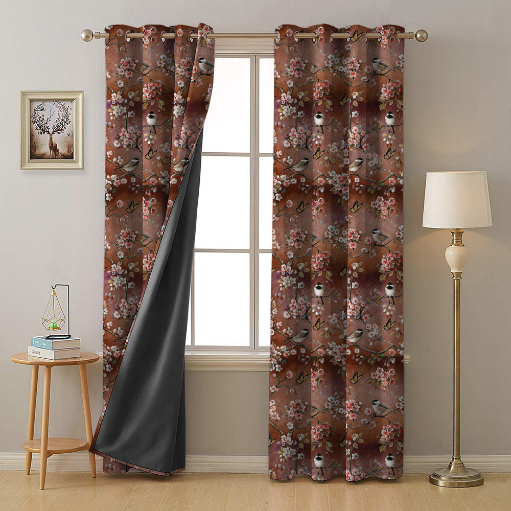 Blossoming Birds Floral Burnt Brown Heavy Satin Room Darkening Curtains Set Of 2 - (DS225F)