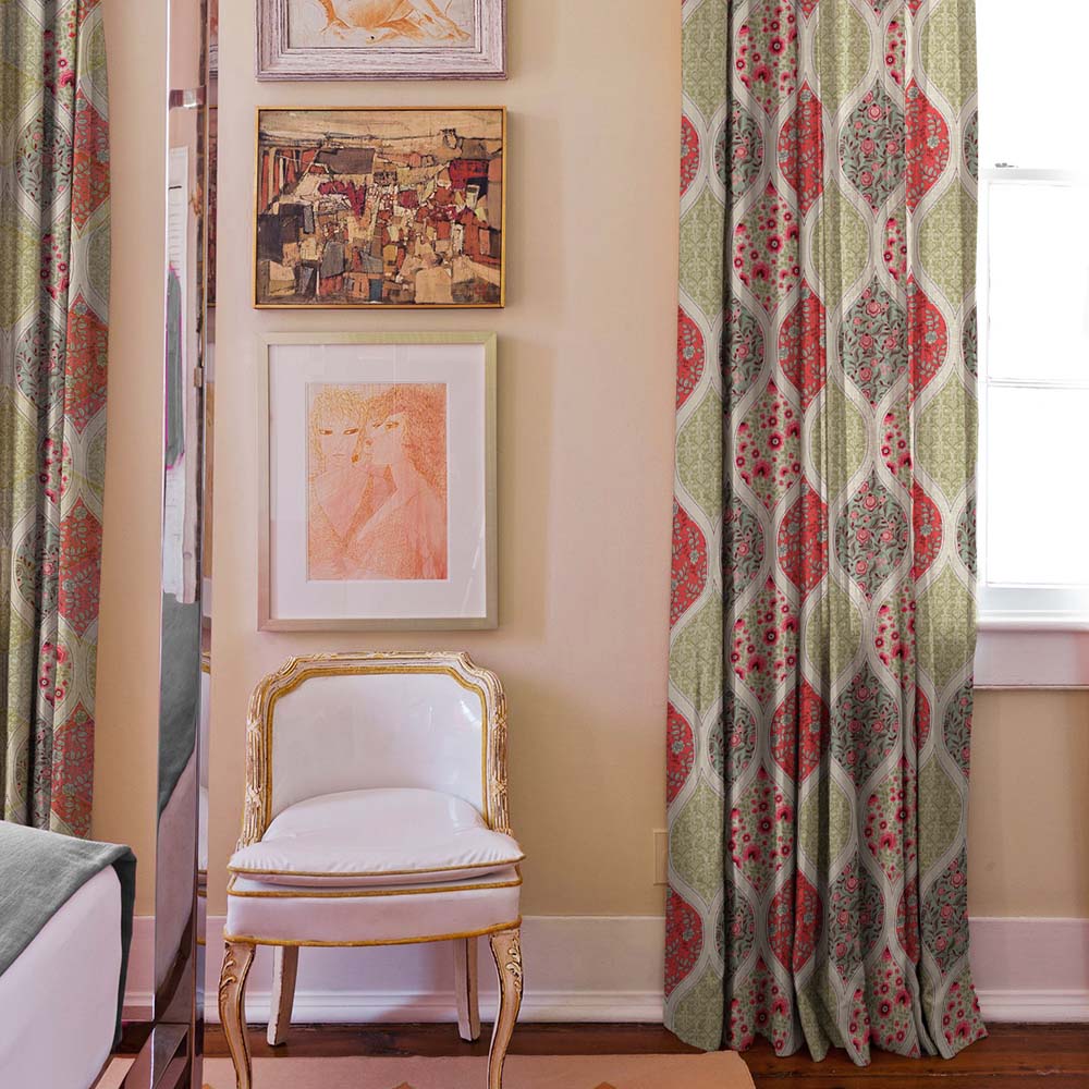 BloomBlock Floral Orange Heavy Satin Room Darkening Curtains Set Of 2 - (DS236E)