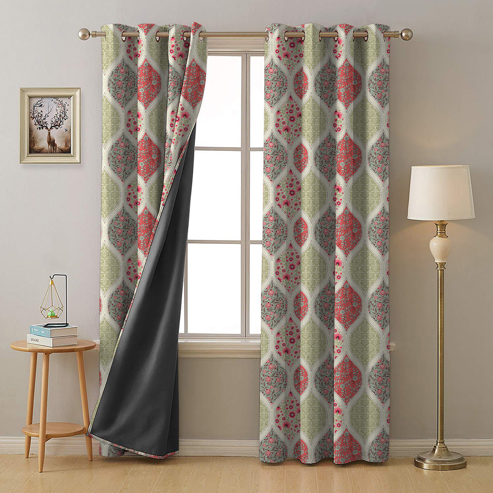 BloomBlock Floral Orange Heavy Satin Room Darkening Curtains Set Of 2 - (DS236E)