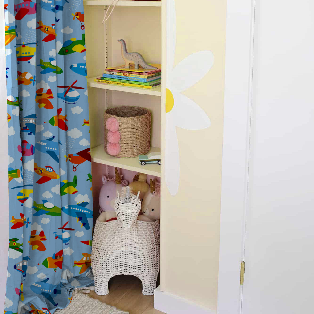 Aero Funland Kids Light Blue Heavy Satin Room Darkening Curtains Set Of 2 - (DS245A)
