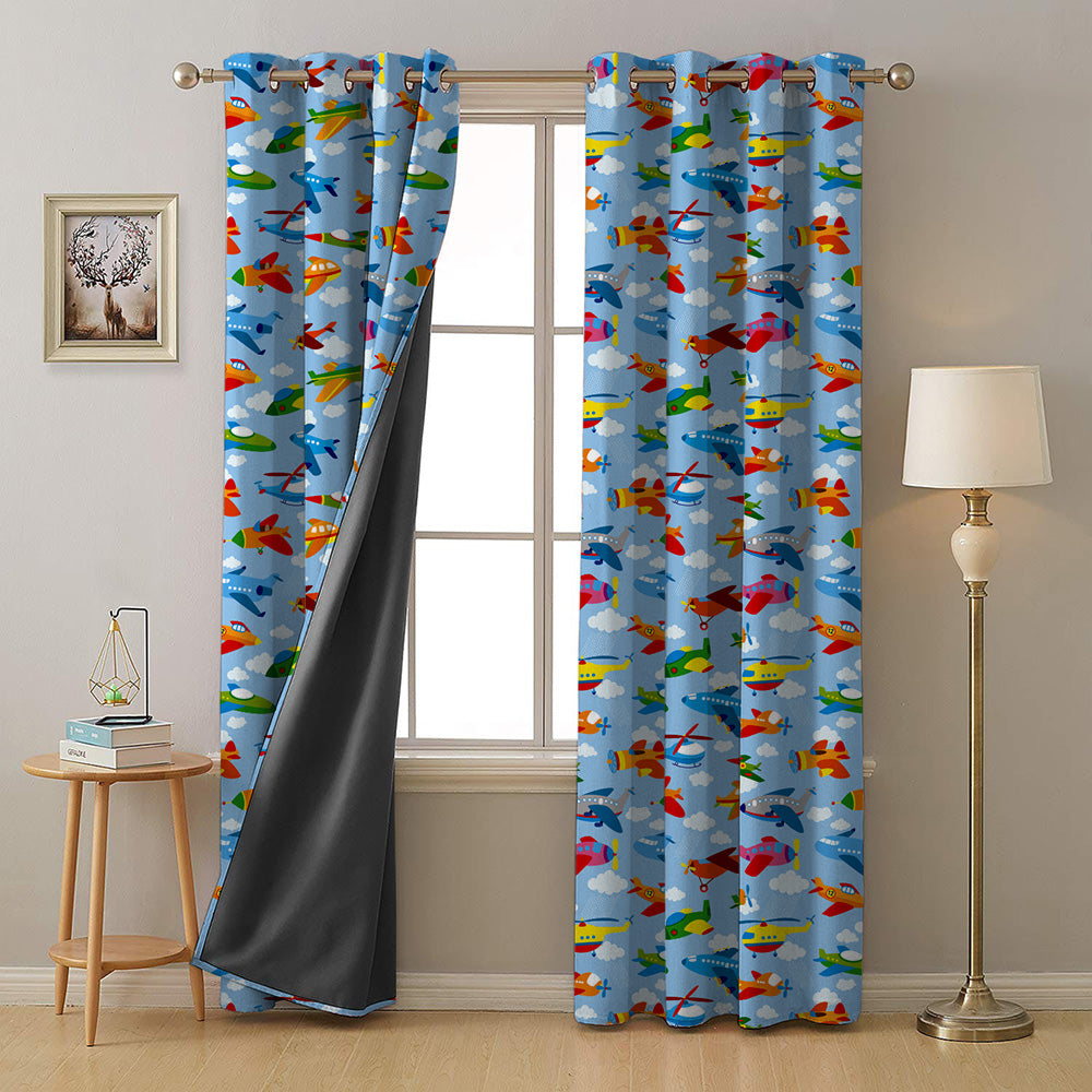 Aero Funland Kids Light Blue Heavy Satin Room Darkening Curtains Set Of 2 - (DS245A)